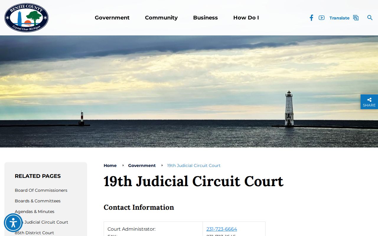Benzie County 19th Circuit Court page showing jurisdiction for circuit bench warrants