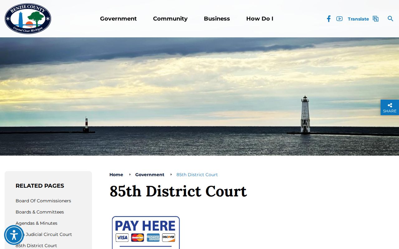 Benzie County 85th District Court page listing traffic and civil infraction jurisdiction
