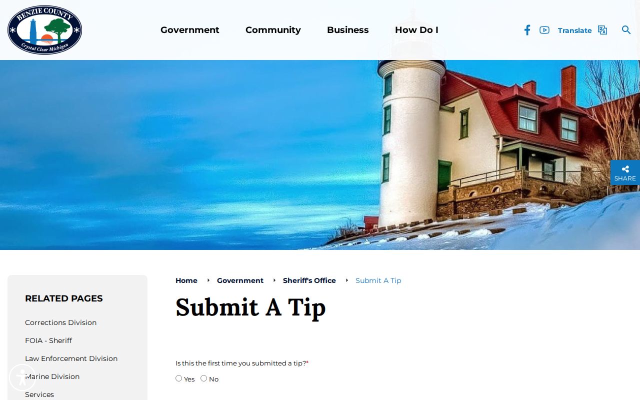Benzie County Sheriff Submit a Tip form that serves as the county warrant tip channel