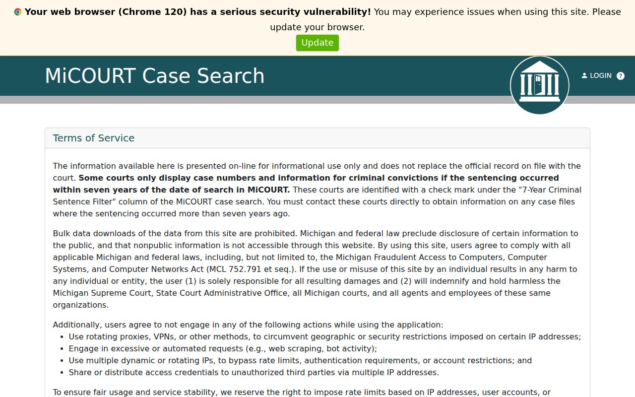 Benzie County 19th Circuit Court case-search route used to check an active circuit warrant file