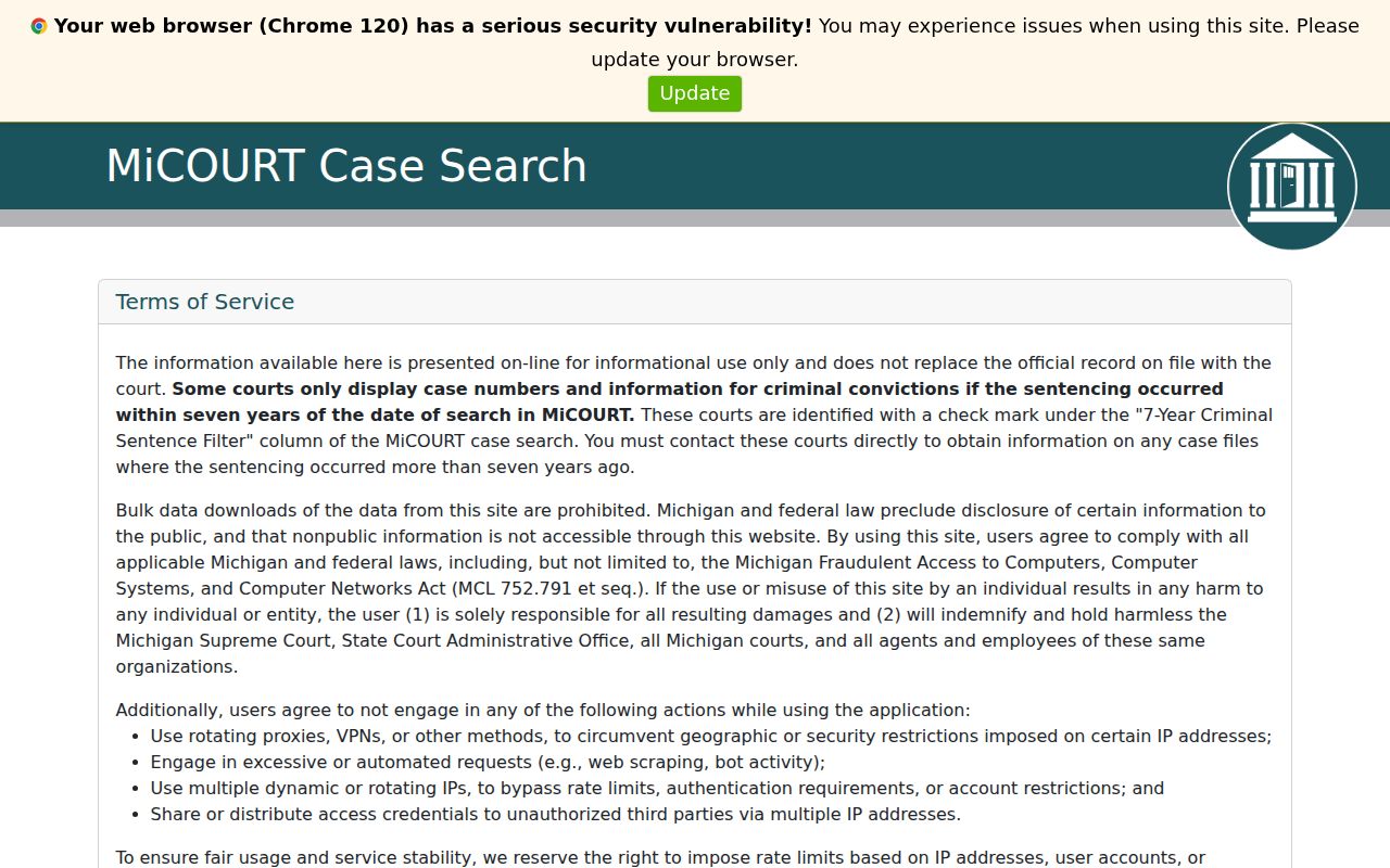 Michigan MiCOURT public case search screen used for Benzie County warrant record lookups