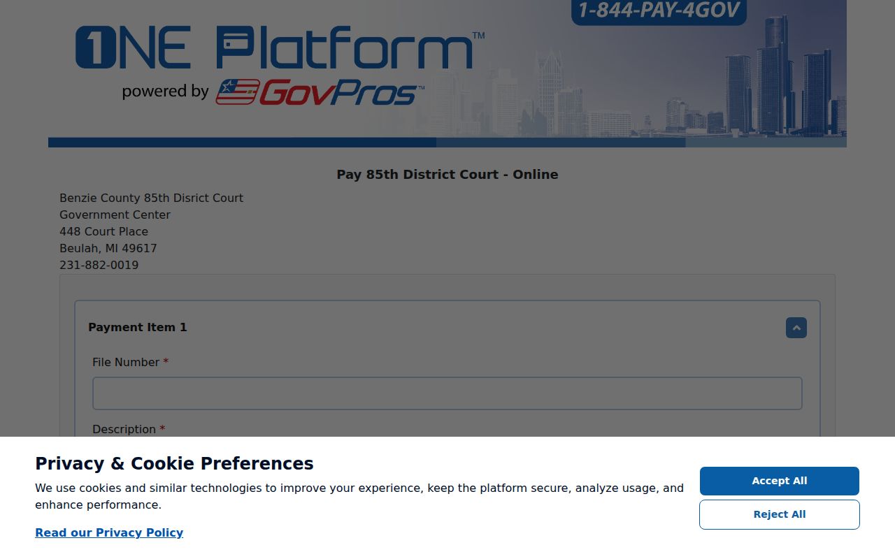 Benzie County 85th District Court online payment page with file number and service fee fields