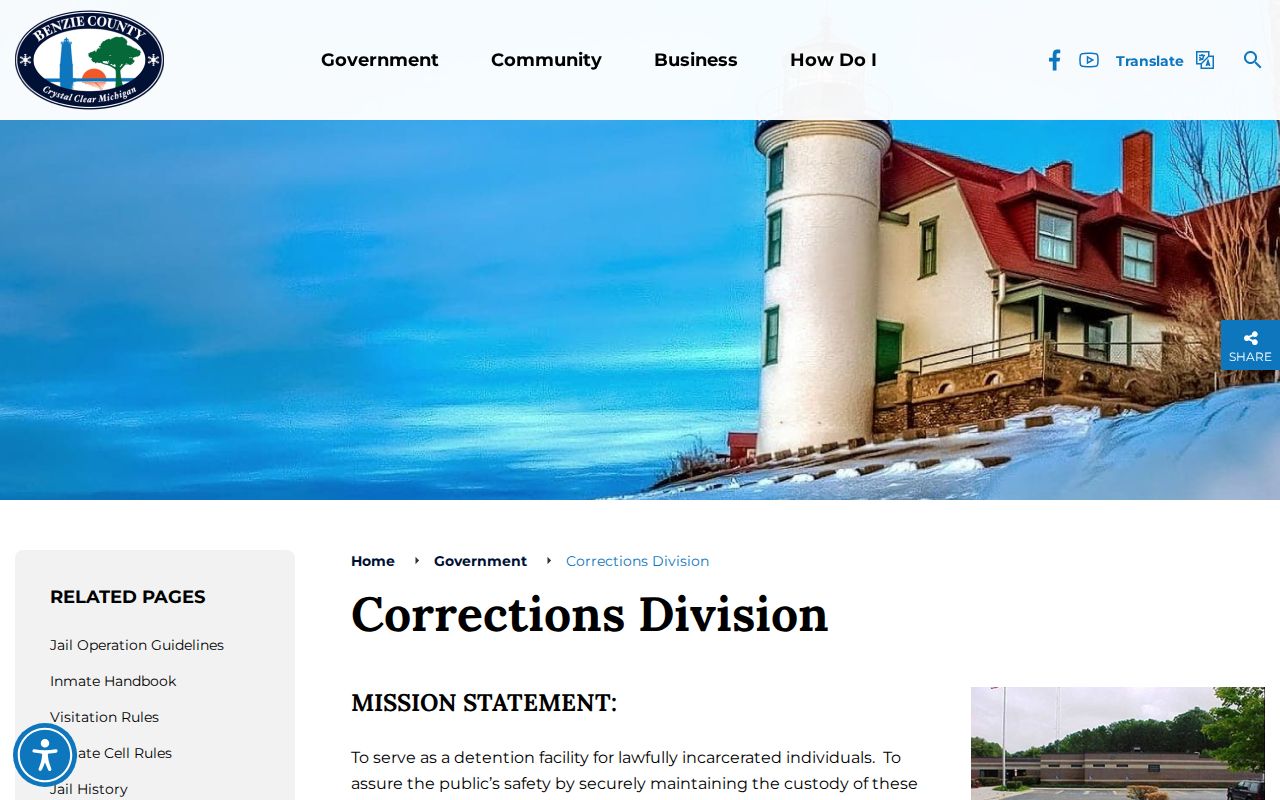 Benzie County Corrections landing page describing jail custody after an arrest warrant arrest
