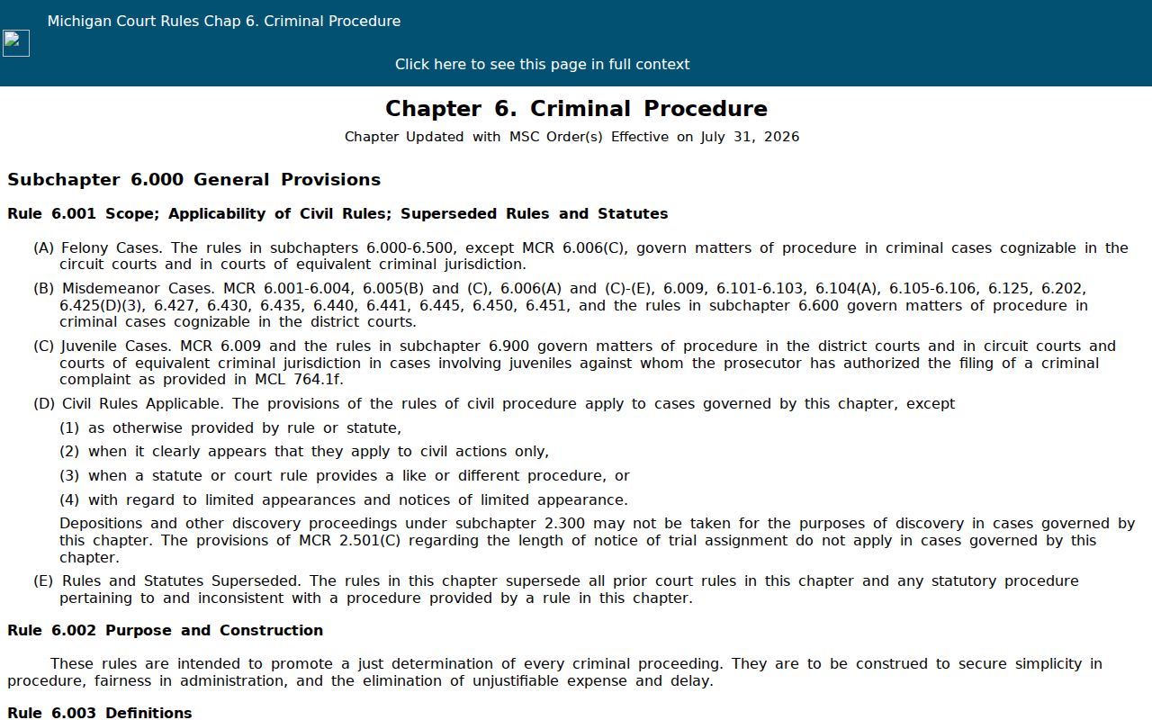 Michigan Court Rule 6.103 page describing bench warrant timing after a missed court date in Benzie County