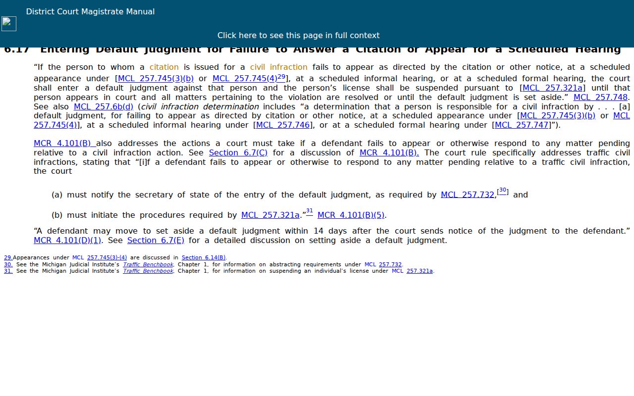 Michigan civil infraction default benchbook page applying to Benzie County municipal court warrant questions