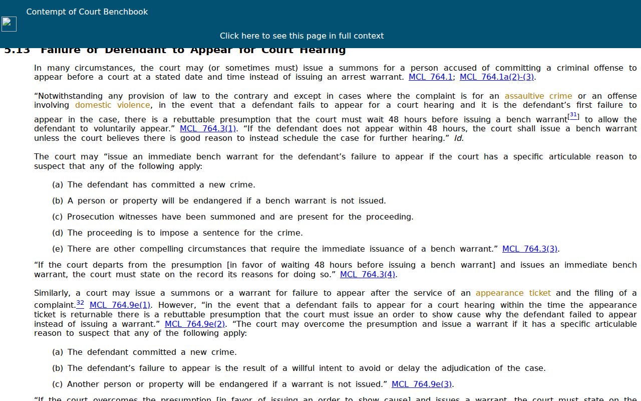 Michigan contempt benchbook chapter on failure to appear behind Benzie County bench warrants