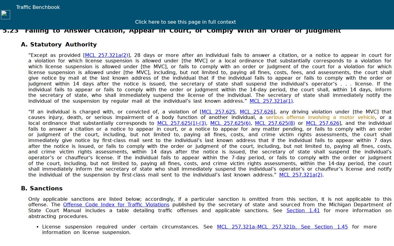 Michigan traffic benchbook page on failing to answer a citation that applies to Benzie County traffic warrants
