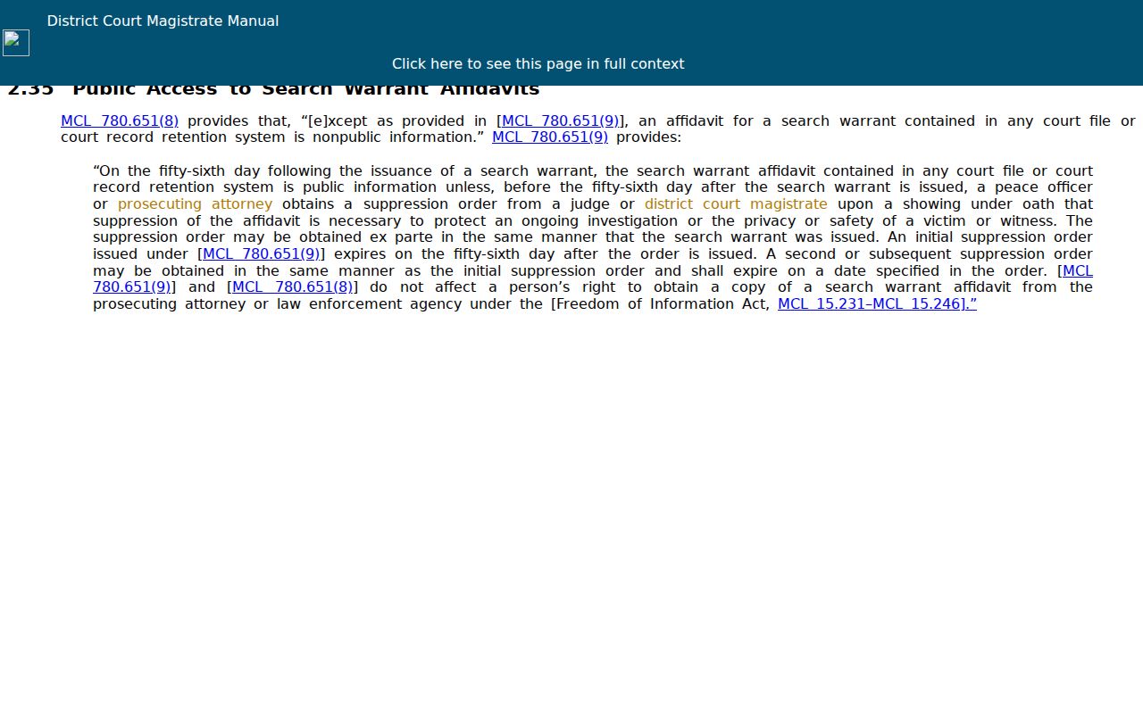 Michigan benchbook page on search warrant affidavit confidentiality related to Benzie County arrest warrant records