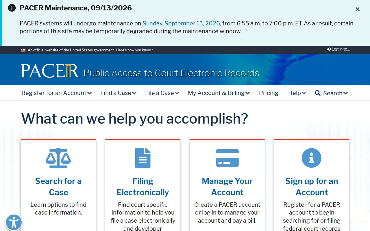 PACER federal docket search landing page used for federal arrest warrant records