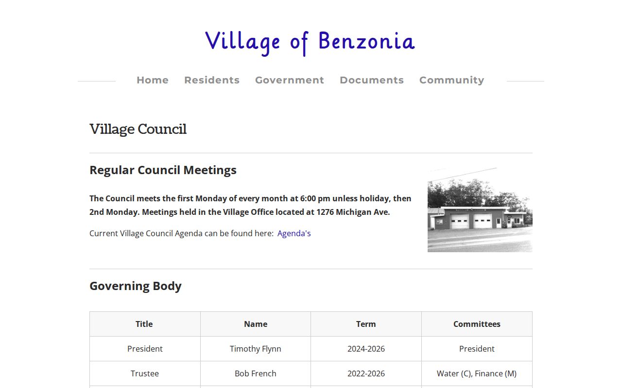 Benzonia general-law village council page showing local government that does not hear Benzonia warrant cases