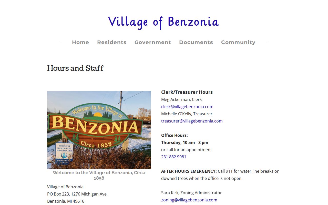 Benzonia village office hours and staff page for Benzonia warrant records routing