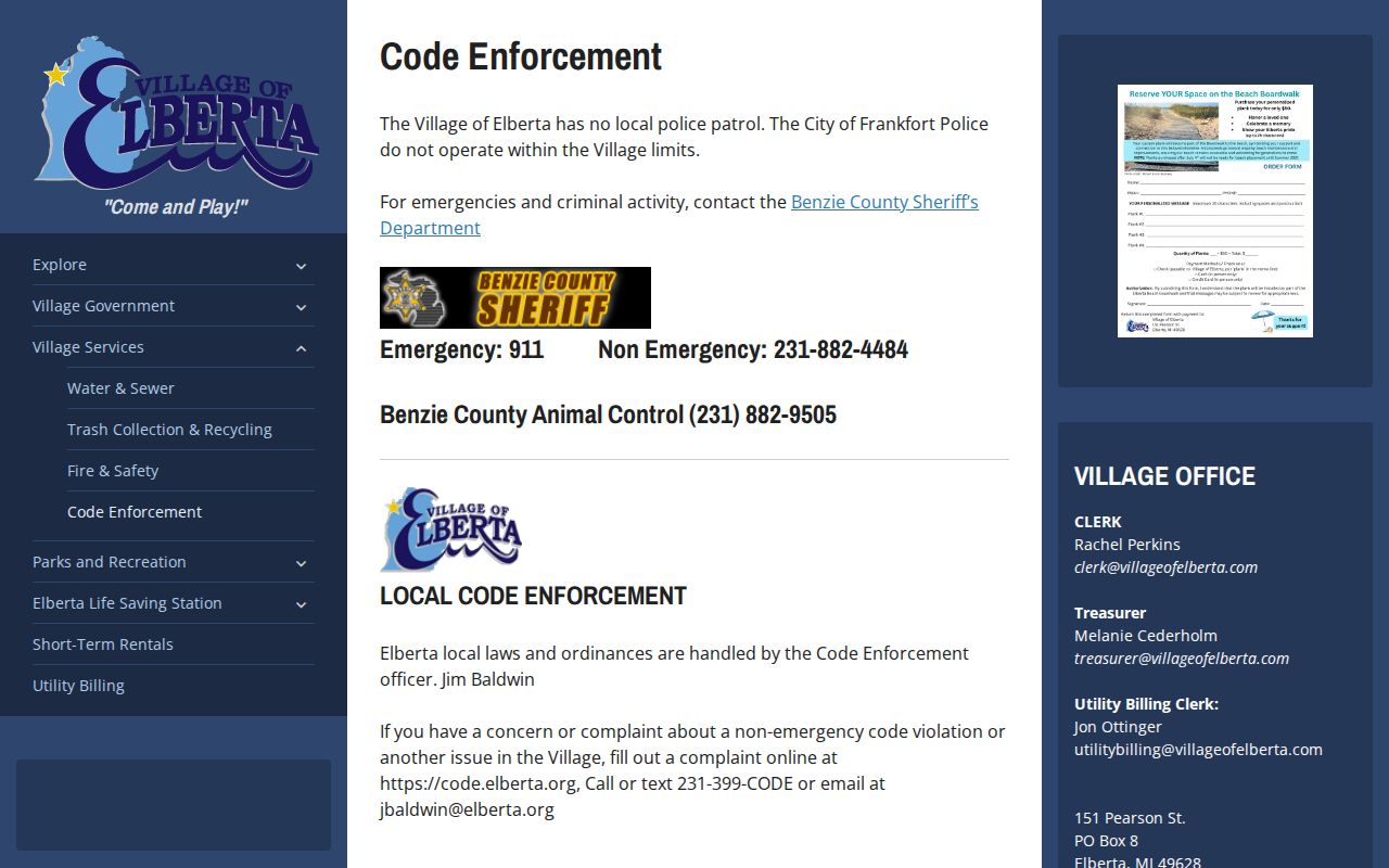 Elberta code enforcement page stating the village has no local police patrol for Elberta warrant records