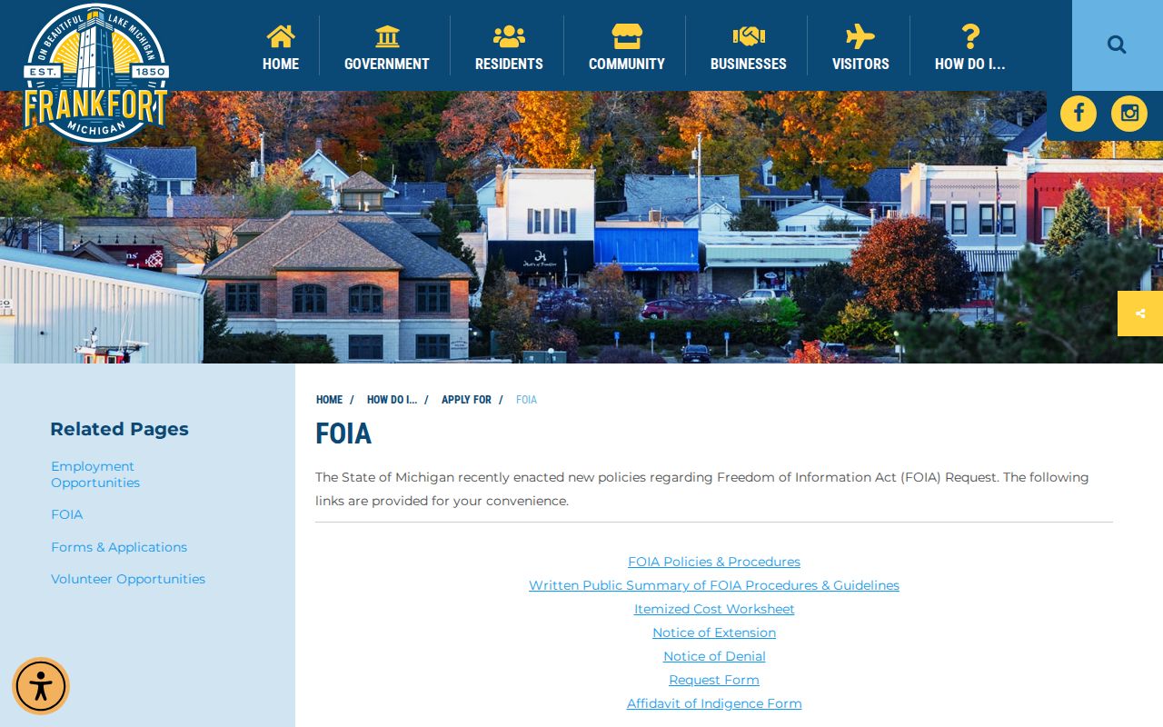 Frankfort FOIA request page for city police records separate from Frankfort warrant records