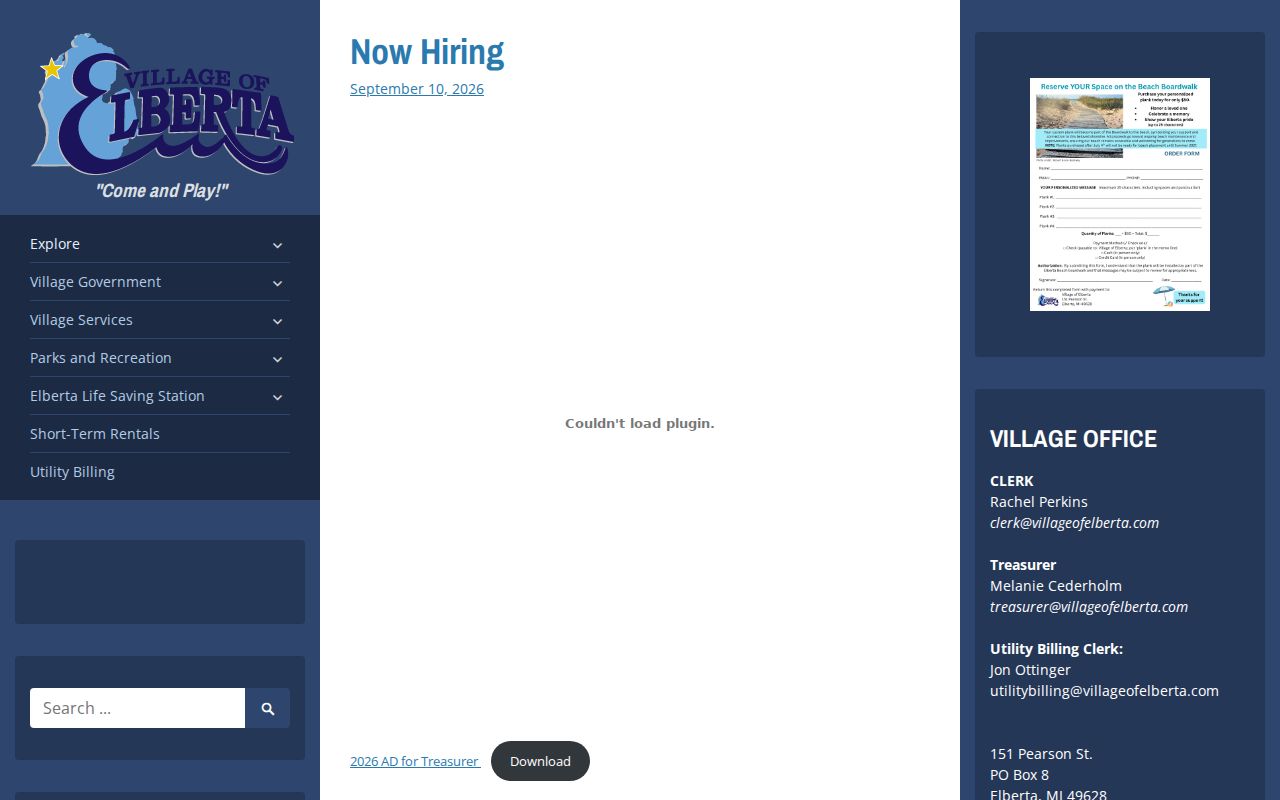 Village of Elberta homepage giving place context for Elberta warrant records questions