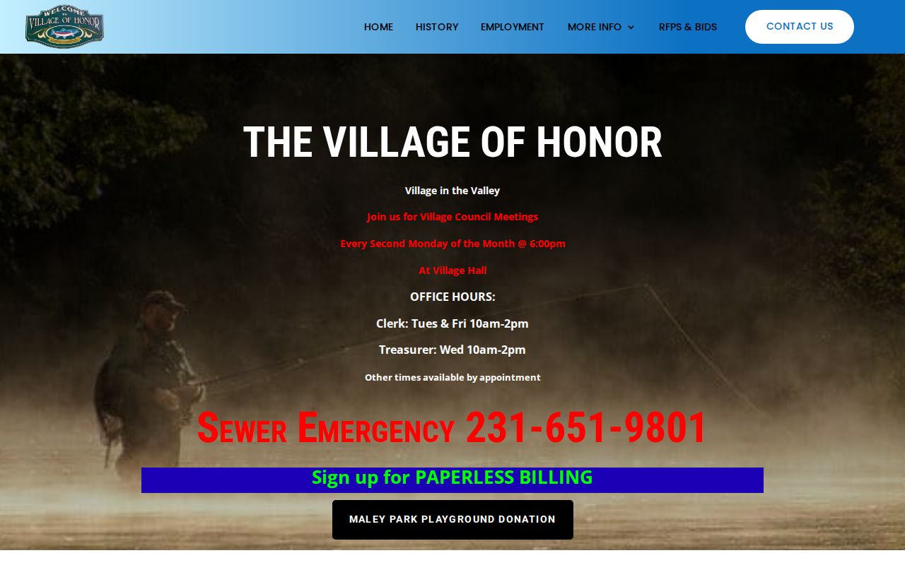 Village of Honor municipal page showing office schedules used for Honor warrant records questions