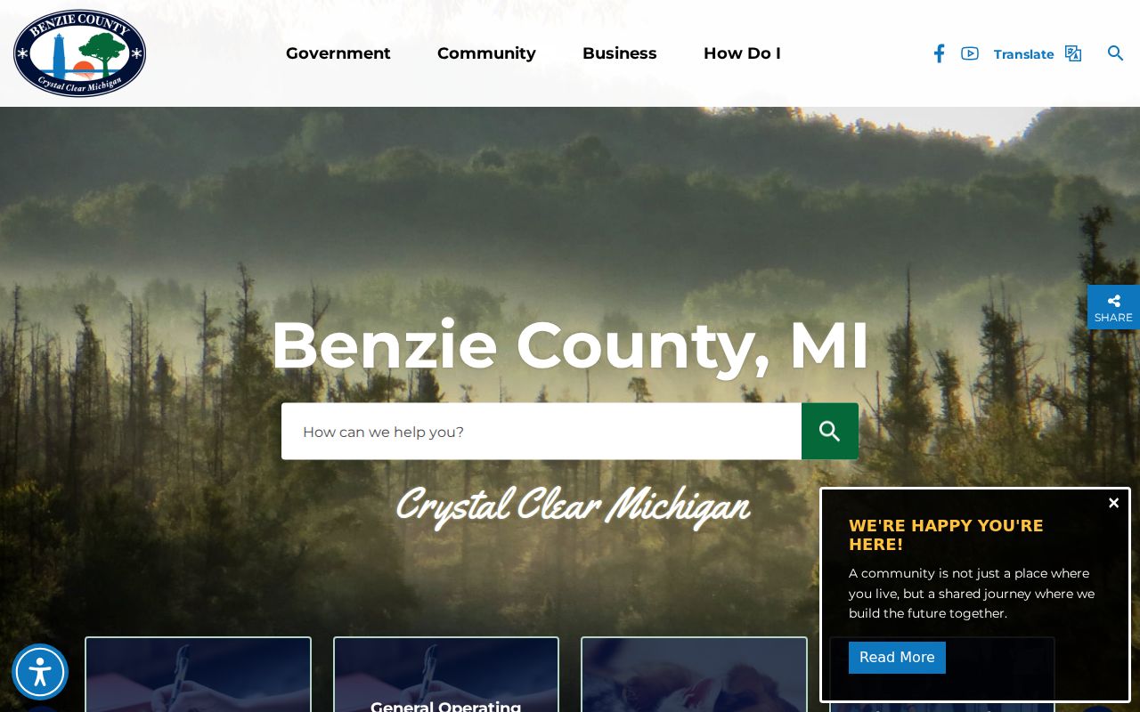 Benzie County government homepage showing the department navigation used for warrant record questions