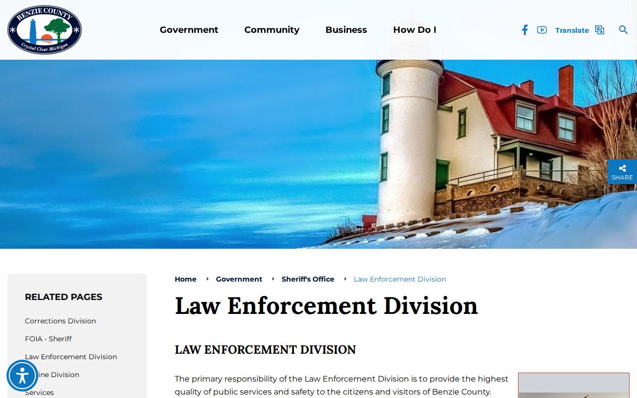Benzie County Sheriff's Office law enforcement page used for warrant service questions