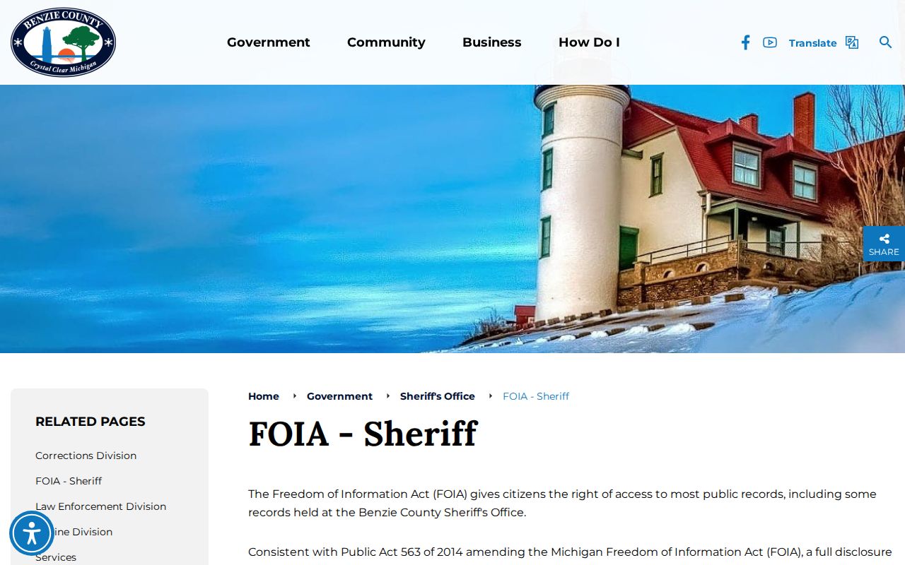Benzie County Sheriff FOIA page listing request channels for warrant records