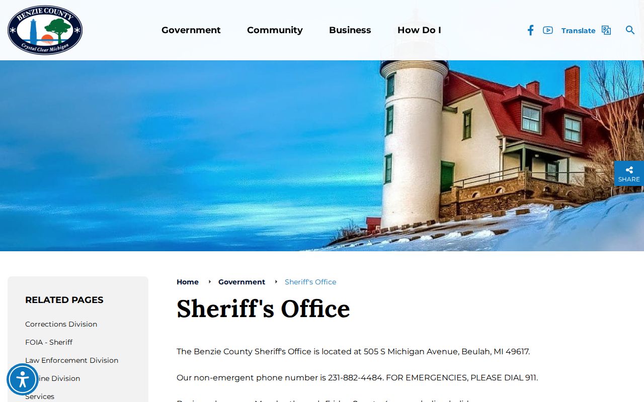 Benzie County Sheriff's Office page listing the divisions involved in warrant records